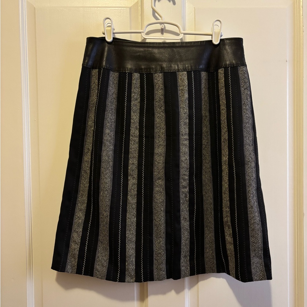 Garnett Hill. Black and Gray Striped Skirt. Leather waist detail.